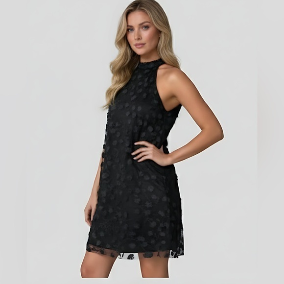 Floral Appliques Print Halter Neck Dress Black - Picture 3 of 10